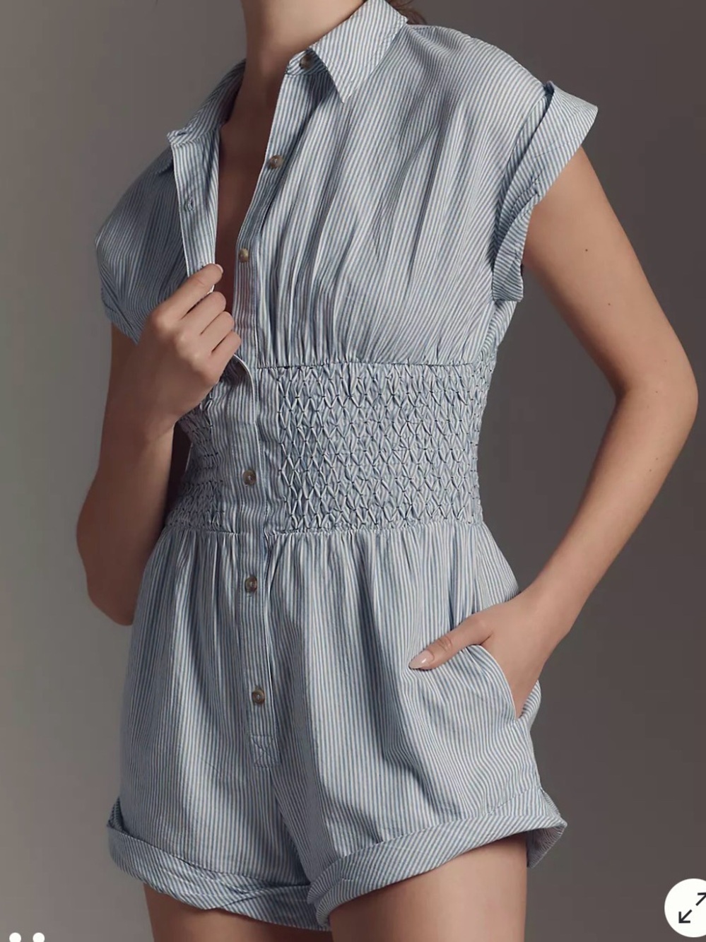 Romper Anthropologie Button-Front Ruched Blue Striped Playsuit Romper Small $128